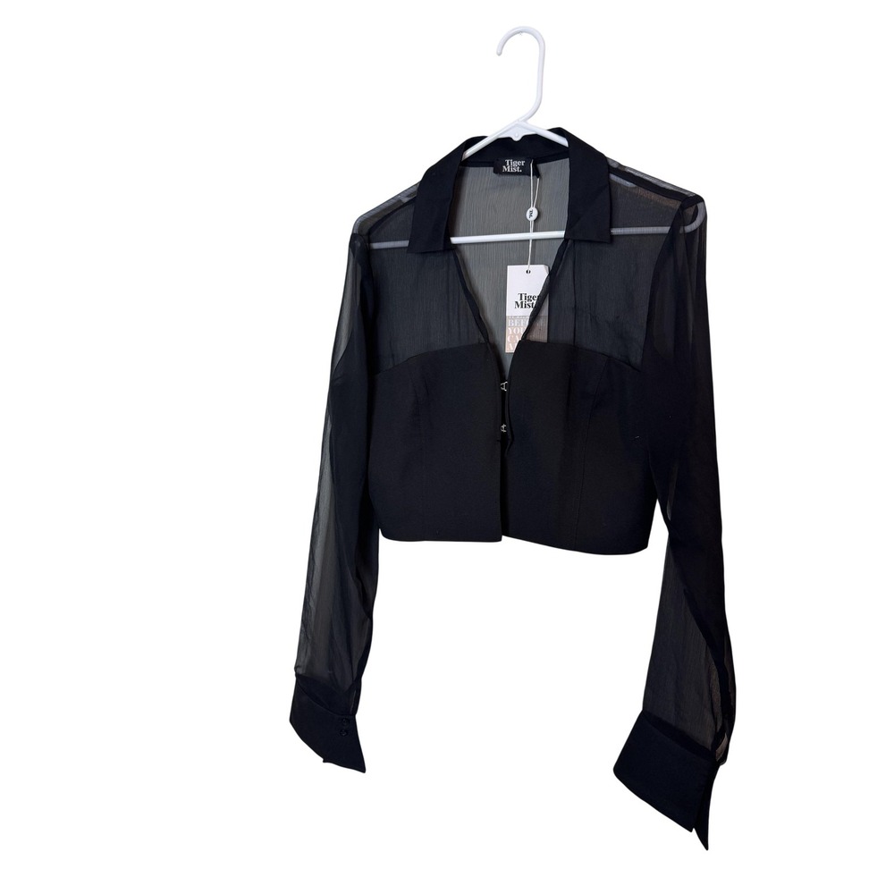 Tiger Mist Shirt Womens XL Black Brenna Sheer Mesh Long Sleeve Crop Top